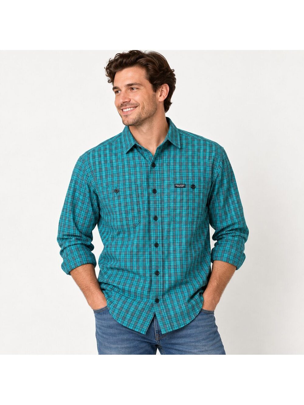 Polo Ralph Lauren Polo Sport Men's L Teal Plaid Cotton Button Up Shirt